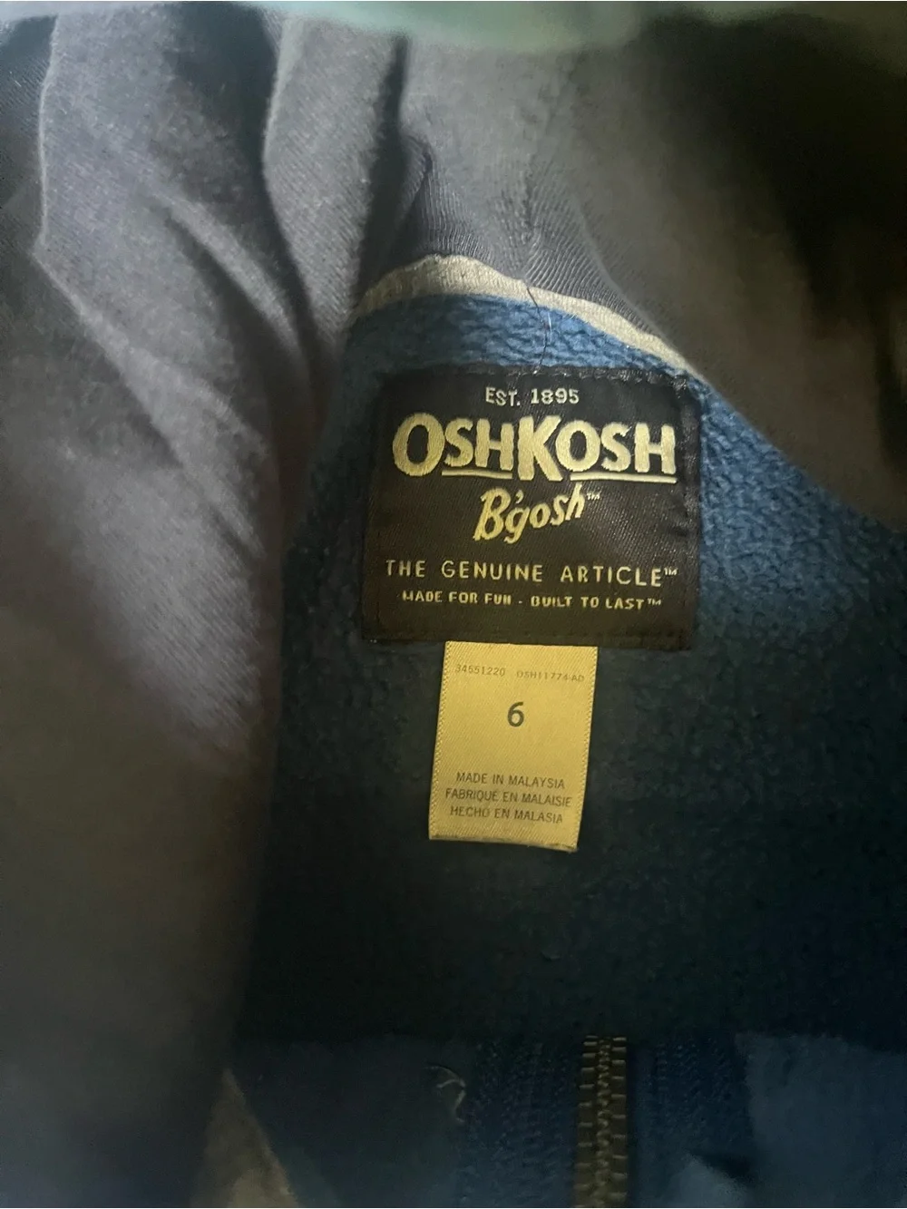 OshKosh B'gosh Blue Zip-Up Hoodie with Navy Logo